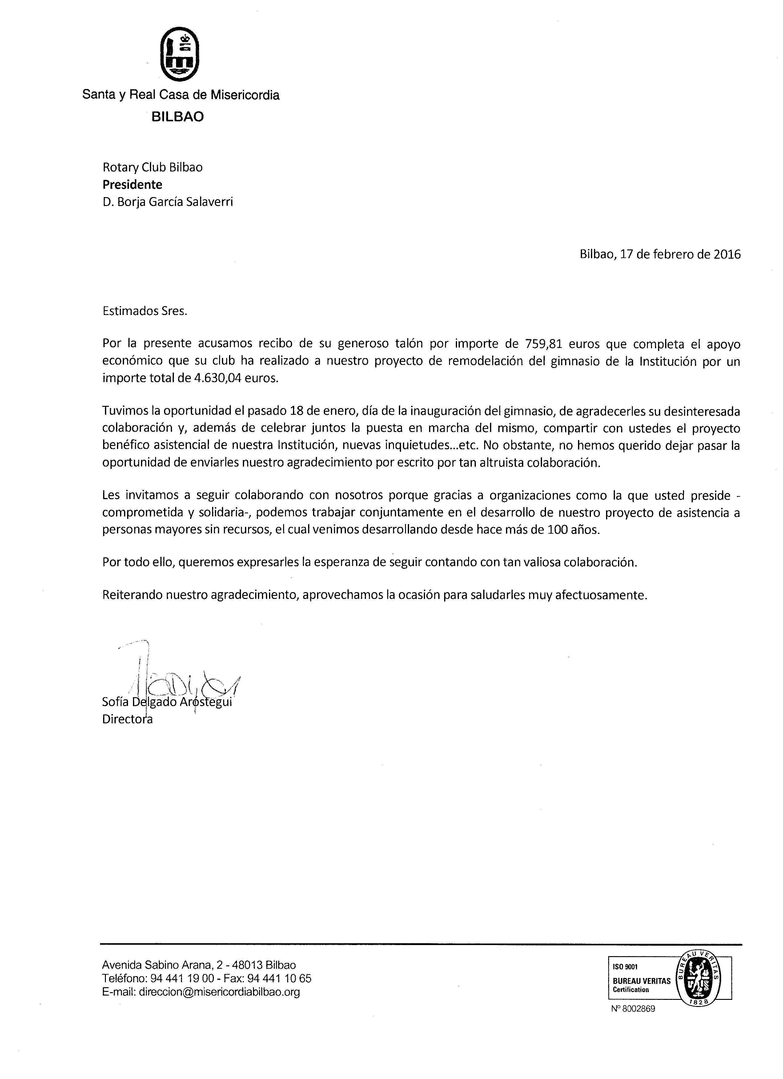 Carta de agradecimiento de la Directora de la S. y R. Casa de Misericordia…..